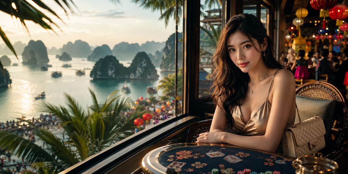 Người dùng tại vịnh Hạ Long thư giãn với game bài và cà phê buổi sáng
